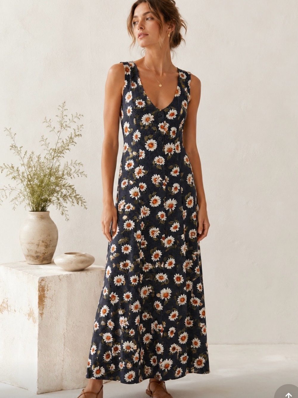 VINTAGE Boho Chic Flowy Festival Sleeveless Daisy Print Maxi Bohemian Dress